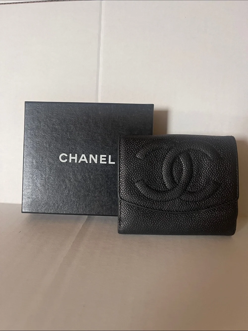 CHANEL Black Quilted Caviar Leather Compact Wallet with CC Logo